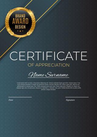 Certificate of achievement template set Background with gold badge and border. Award diploma design blank. Vector Illustrationのイラスト素材