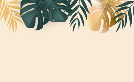 Natural Realistic Green and Gold Palm Leaf Tropical Background. Vector illustrationのイラスト素材