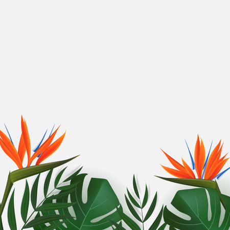 Natural Realistic Green Palm Leaf with Strelitzia Flower Tropical Background. Vector illustrationのイラスト素材