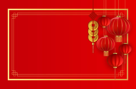 Abstract Chinese Holiday Background with hanging lanterns and gold coins. Vector Illustrationのイラスト素材