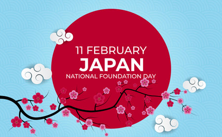 Japan Nation Foundation Day realistic 3d Background with sakura Flowers. 11 February. Vector Illustrationのイラスト素材