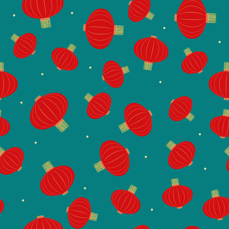 Flat red hanging Chinese lanternseamless pattern background for Chinese New Year celebration. Vector Illustrationのイラスト素材