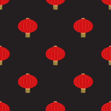 Flat red hanging Chinese lantern seamless pattern background for Chinese New Year celebration. Vector Illustrationのイラスト素材