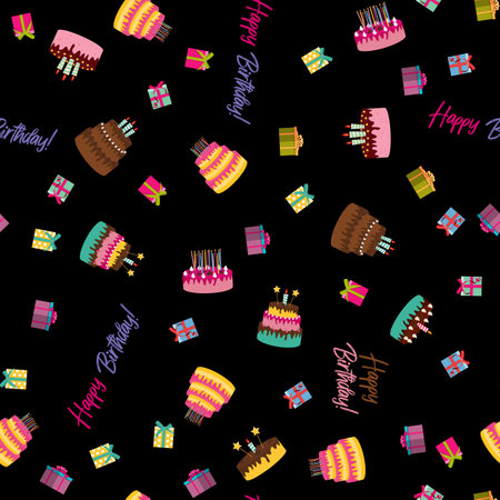 Cute Birthday Seamless Pattern Background with Cake, Candles. Design Element for Party Invitation, Congratulation. Vector Illustrationのイラスト素材