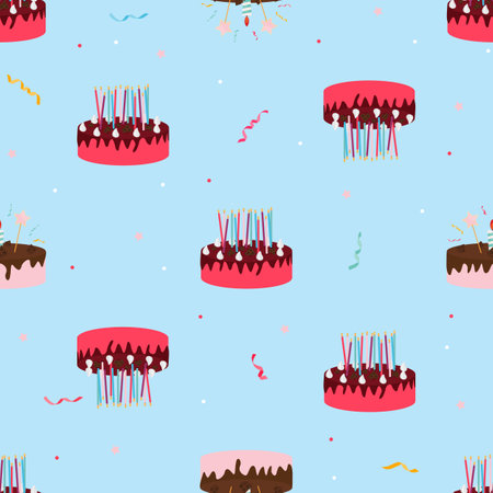 Cute Birthday Seamless Pattern Background with Cake, Candles. Design Element for Party Invitation,...