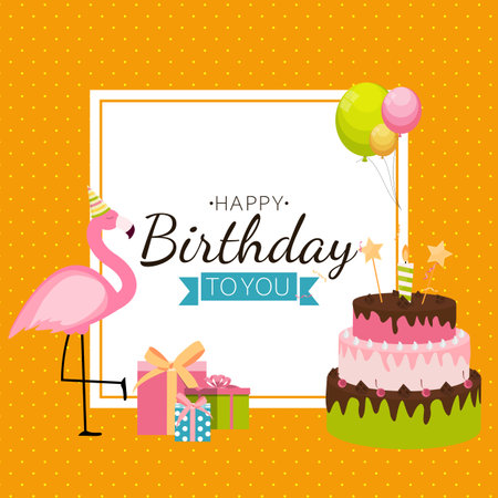 Cute Happy Birthday Background with PInk Flamingo, Cake and Candles. Design Element for Party Invitation, Congratulation. Vector Illustrationのイラスト素材