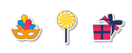 Birthday Party Sticker Collection Set Icon with carnival mask, lollipop and gift box. Vector Illustrationのイラスト素材
