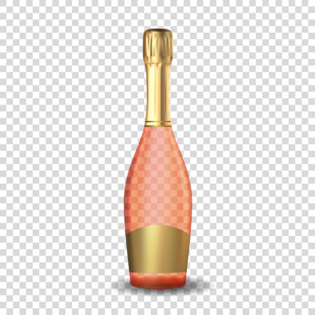 Realistic 3D champagne Rose Pink and Golden Bottle Icon isolated on transparent background. Vector Illustrationのイラスト素材