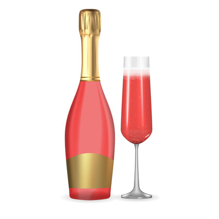 Realistic 3D champagne Rose Pink and Golden Bottle and Glass Icon isolated on white background. Vector Illustrationのイラスト素材