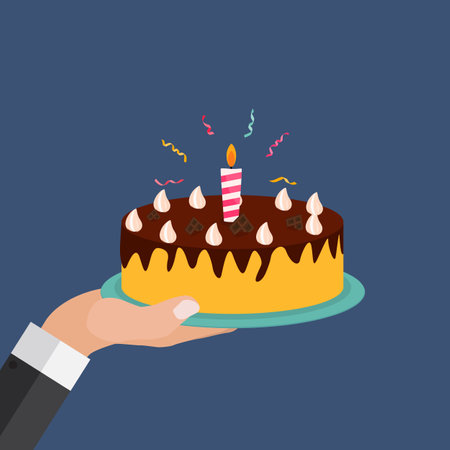 Flat Hand with Cake and Candles. Design Element for Party Invitation, Congratulation. Vector...