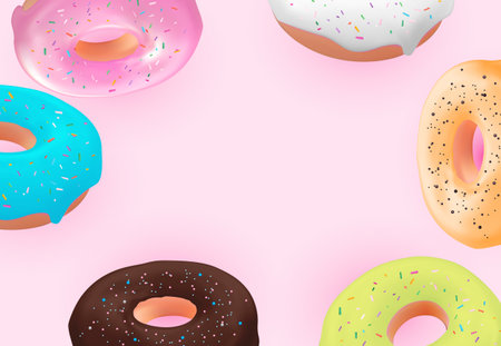 Realistic 3d sweet tasty donut background. Can be used for dessert menu, poster, card. Vector illustrationのイラスト素材