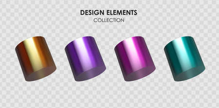 Collection set of realistic 3d render metallic color gradient geometric shapes objects elements for design isolated on transparent background. Vector illustrationのイラスト素材