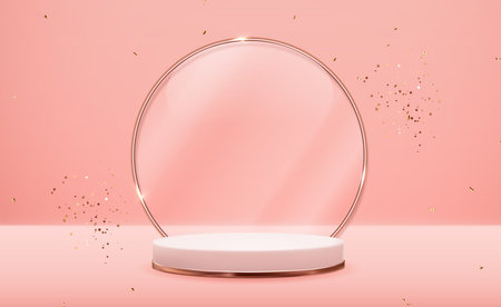 Realistic 3d Rose gold pedestal with golden glass ring frame over pink pastel natural background. Trendy empty podium display for cosmetic product presentation, fashion magazine. Copy space vector illustrationのイラスト素材