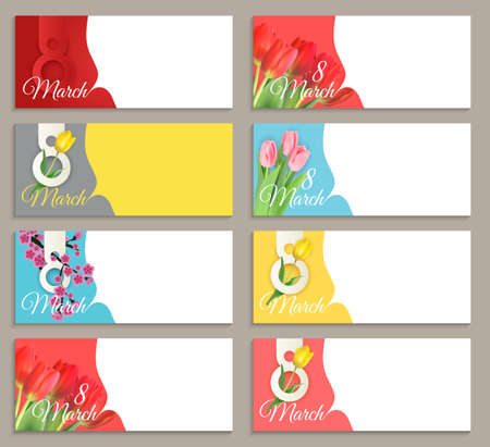 8 March sale banner collection set Background Design. Template for advertising, web, social media and fashion ads. Poster, flyer, greeting card, header for website Copy space vector illustrationのイラスト素材