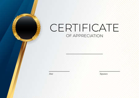 Blue and gold Certificate of achievement template set Background with gold badge and border. Award diploma design blank. Vector Illustrationのイラスト素材