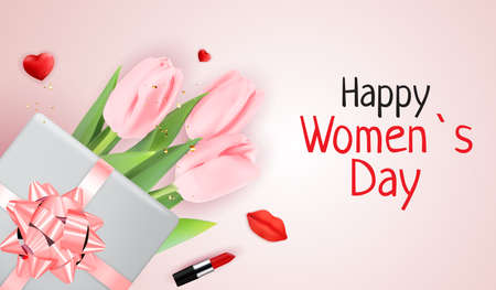 Pink Happy Women Day Holiday Congratulation Background with Tulips. Vector Illustrationのイラスト素材