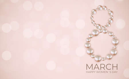 8 March Happy Womens Day congratulation card pink background with realistic pearls. Vector Illustration EPS10のイラスト素材