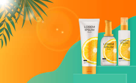 3D Realistic sun Protection Cream Bottle Modern Background with palm leaves and orange. Design Template of Fashion Cosmetics Product. Vector Illustration EPS10のイラスト素材