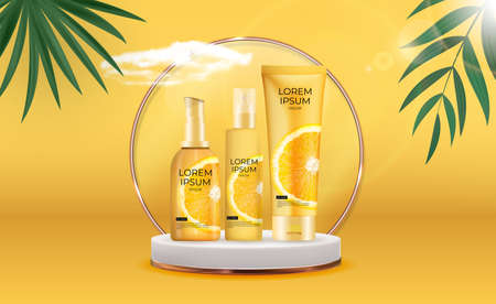 Set of 3D Realistic Cream Bottles on Sunny Yellow Background with palm leaves.Design Template of Fashion Cosmetics Product for Ads. Vector Iillustration. EPS10のイラスト素材
