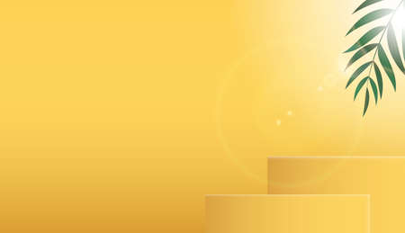 3D Realistic yellow Background with podium and palm leaves. Design Template for Fashion Cosmetics Product. Vector Illustrationのイラスト素材