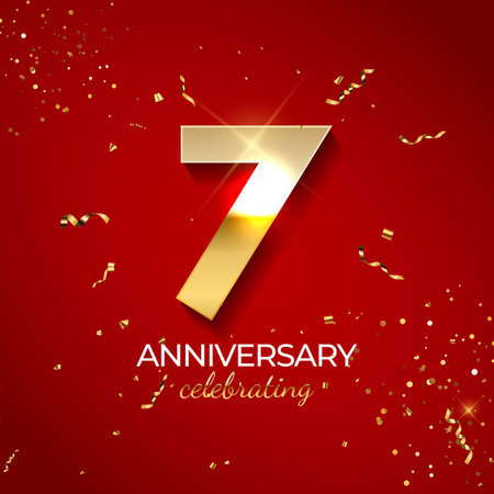 Anniversary celebration decoration. Golden number 7 with confetti, glitters and streamer ribbons on...