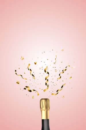 Realistic 3D champagne Golden Bottle with Confetti. party background. Vector Illustration EPS10のイラスト素材