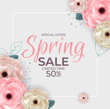 Spring Special Offer Sale Background Poster Natural Flowers and Leaves Template. Vector Illustrationのイラスト素材