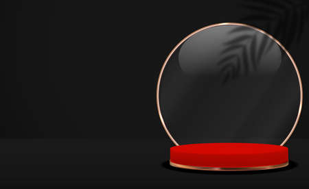 3D Realistic Background with red circle podium and palm leaves shadow. Design Template for Fashion Cosmetics Product. Vector Illustration EPS10のイラスト素材
