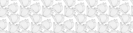 Wide Picture Drawn black and white tulip with a contour line. Full Seamless pattern horizontally and vertically. Vector Illustration. EPS10のイラスト素材