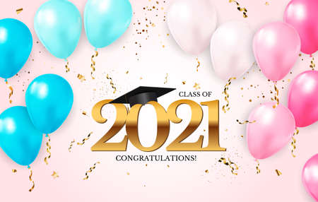 Graduation class of 2021 with graduation cap hat and confetti. Vector Illustrationのイラスト素材