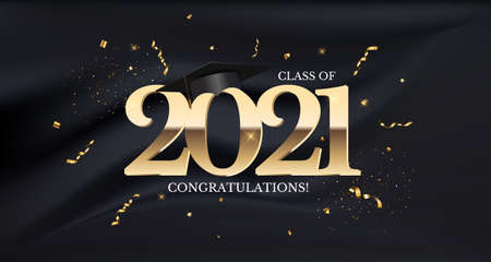 Graduation class of 2021 with graduation cap hat and confetti. Vector Illustration