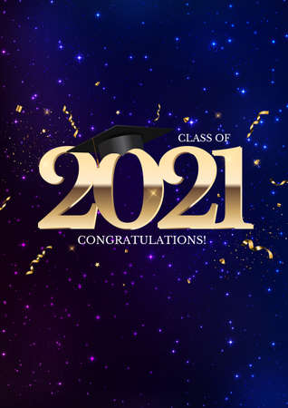 Graduation class of 2021 with graduation cap hat and confetti. Vector Illustrationのイラスト素材