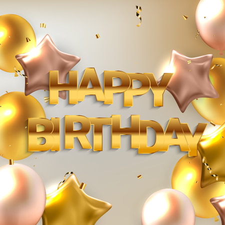 Happy Birthday congratulations banner design with Confetti, Balloons and Glossy Glitter Ribbon for Party Holiday Background.のイラスト素材