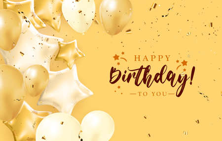 Happy Birthday congratulations banner design with Confetti, Balloons and Glossy Glitter Ribbon for Party Holiday Background. Vector Illustrationのイラスト素材