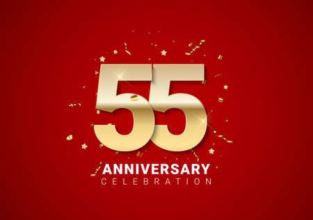 55 anniversary background with golden numbers, confetti, stars on bright red holiday background. Vector Illustration EPS10のイラスト素材