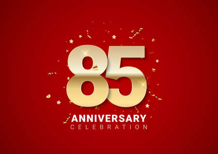 85 anniversary background with golden numbers, confetti, stars on bright red holiday background. Vector Illustration EPS10のイラスト素材