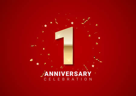 1 anniversary background with golden numbers, confetti, stars on bright red holiday background. Vector Illustration EPS10のイラスト素材
