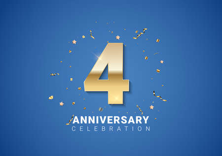 4 anniversary background with golden numbers, confetti, stars on bright blue background. Vector Illustration EPS10のイラスト素材