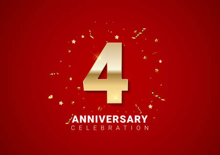 4 anniversary background with golden numbers, confetti, stars on bright red holiday background....