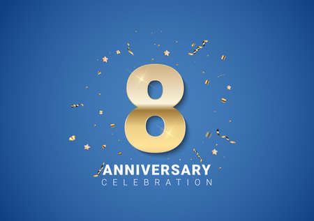 8 anniversary background with golden numbers, confetti, stars on bright blue background. Vector Illustration EPS10のイラスト素材