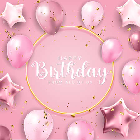 Happy Birthday congratulations banner design with Confetti, Balloons and Glossy Glitter Ribbon for Party Holiday Background. Vector Illustration EPS10のイラスト素材