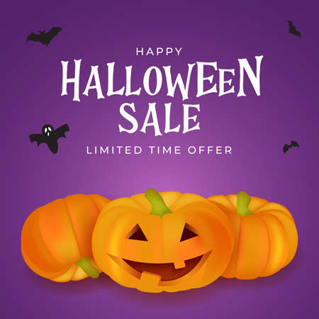 Happy Halloween sale holiday card with funny pumpkin. Vector Illustration EPS10のイラスト素材