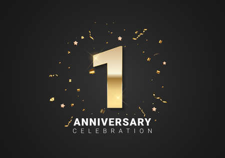 1 anniversary background with golden numbers, confetti, stars on bright black holiday background....