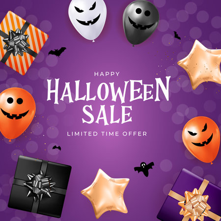 Happy Halloween sale holiday card with funny balloons. Vector Illustrationのイラスト素材