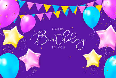Happy Birthday congratulations banner design with Confetti, Balloons and Glossy Glitter Ribbon for Party Holiday Background. Vector Illustrationのイラスト素材