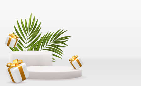Realistic 3d pedestals with gift boxes. copy space vector illustrationのイラスト素材