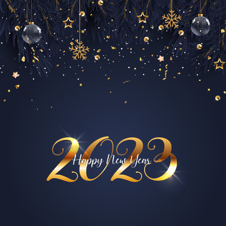 Golden 2023 Happy New Year Freeting Card. vector illustration.