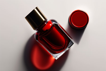 top view of a bottle of red nail polish varnish flows. Illustration Generative AIの素材