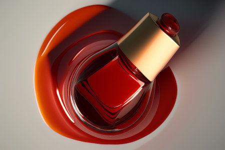 top view of a bottle of red nail polish varnish flows. Illustration Generative AIの素材