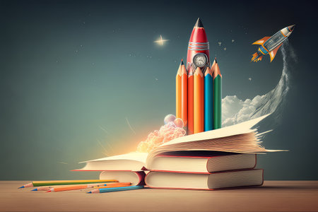 Books And Pencils With Rocket Sketch. Illustration Generative AIの素材